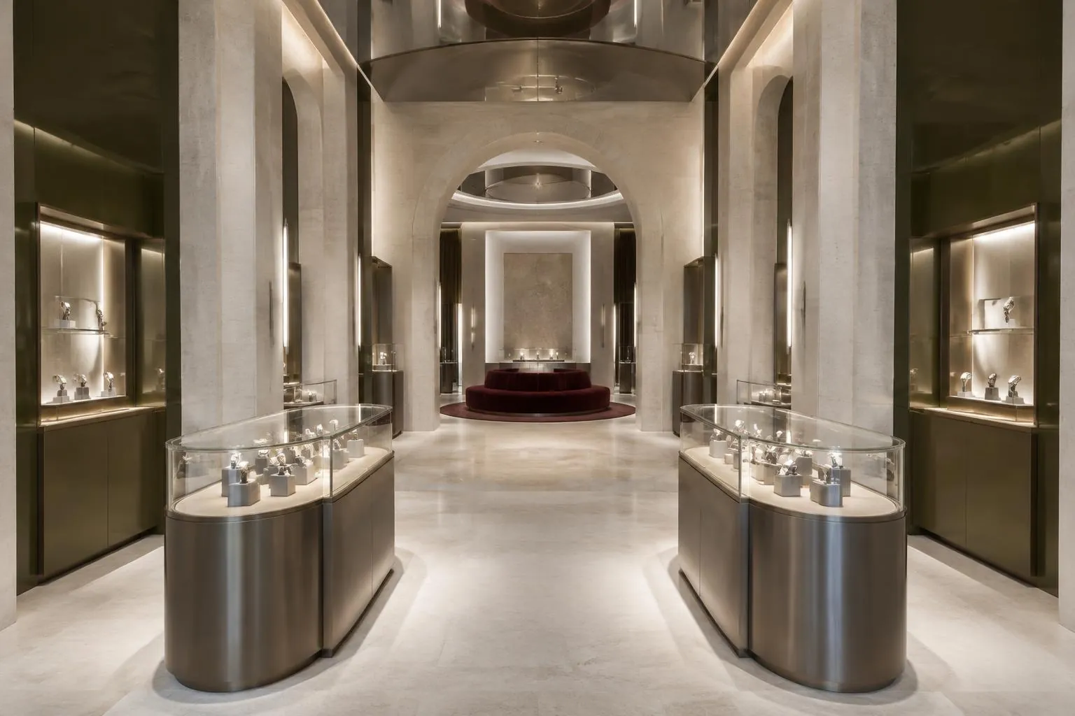 Imagined MAISON atelier with limestone arches and illuminated glass watch vitrines